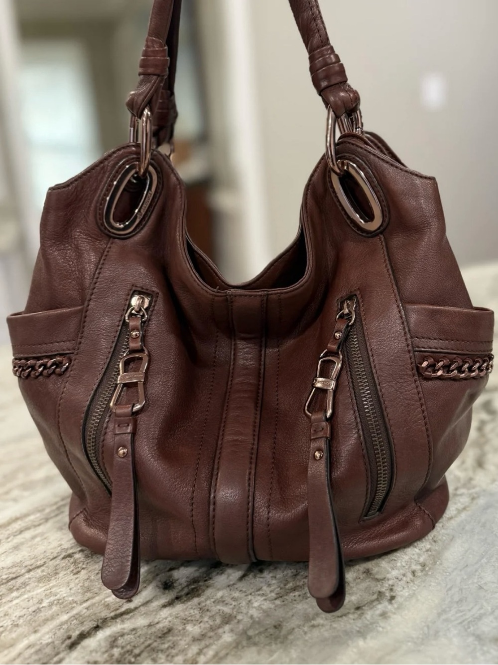 B. Makowsky Butter Soft Chocolate Brown Slouchy Leather Bag, Rose Gold Hardware